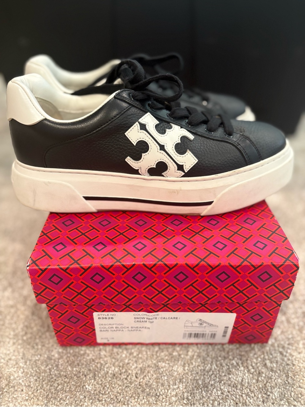Tory Burch Black and White Leather Logo Platform Sneakers